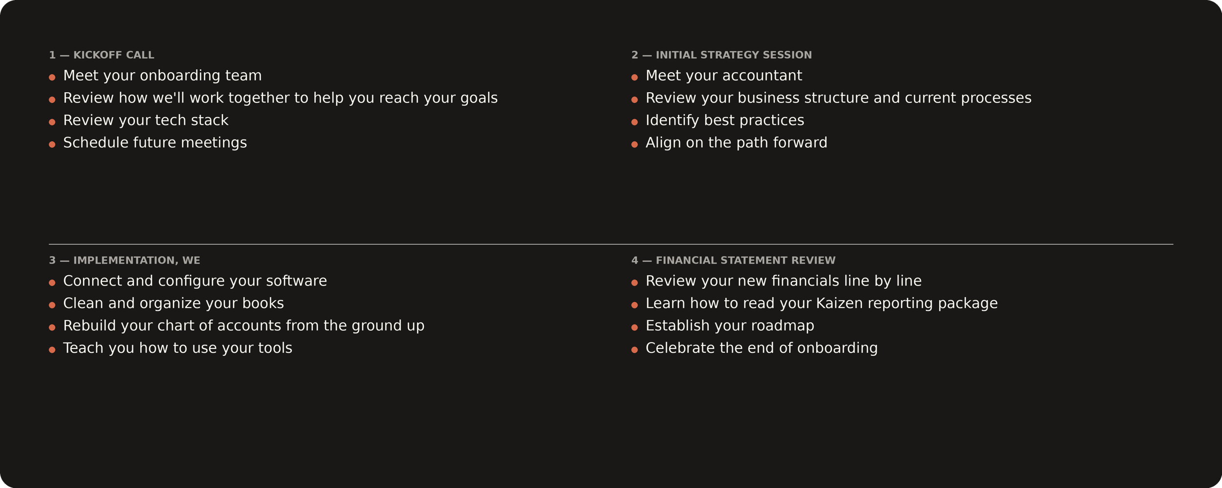 kaizen_Kaizen CPAs onboarding process for auto repair shops — four steps including kickoff call, strategy session, implementation, and financial statement review