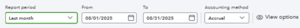 Screenshot of report builder in QBO, with last month selected