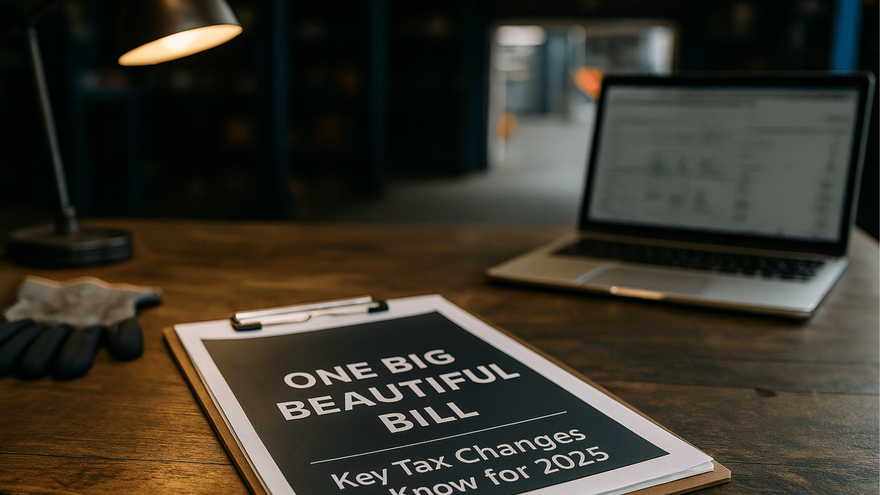 A document titled 'One Big Beautiful Bill' summary for auto repair shops sitting on a desk in a repair shop office.”