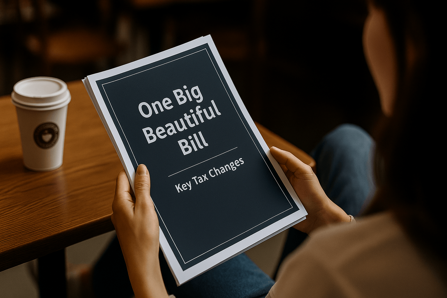 Over-the-shoulder view of a woman sitting at a cozy café table, reviewing a document titled 'One Big Beautiful Bill: Key Tax Changes.' A coffee cup rests beside the papers, and natural light filters into the warm, inviting setting.