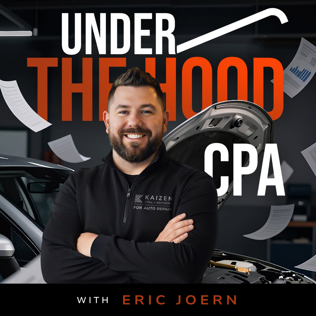 Under the Hood CPA podcast cover featuring bold typography on a dark background, representing financial clarity for auto repair shop owners