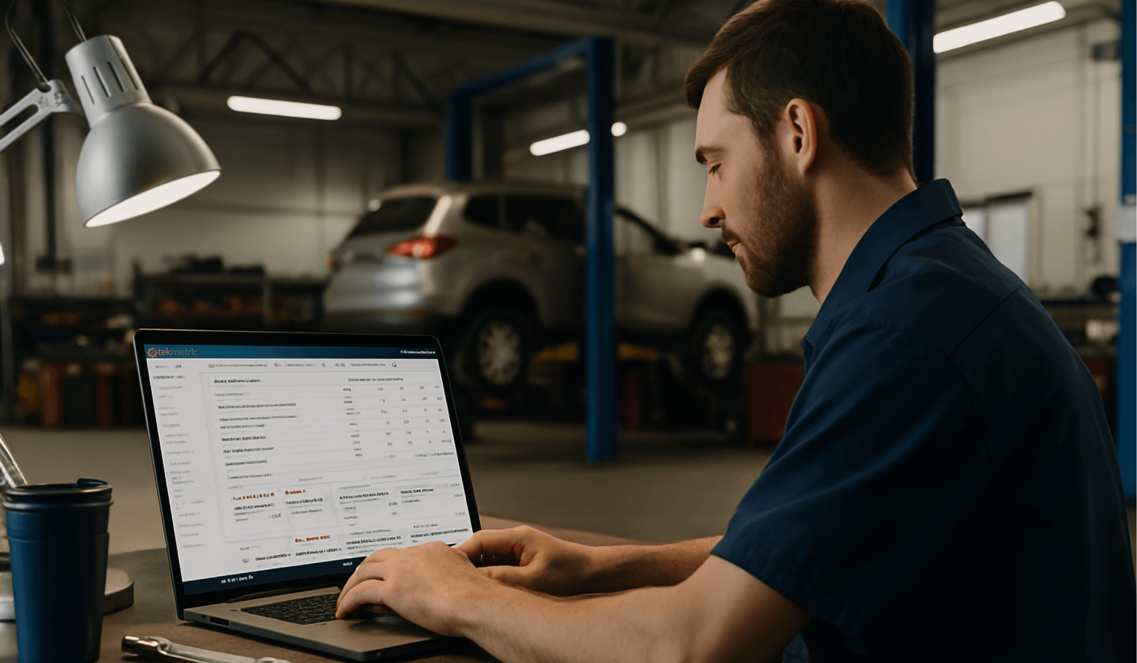 A bearded auto repair shop owner stands at a service desk, partially silhouetted by overhead light, reviewing operations. A laptop on the desk displays a softly blurred Tekmetric software interface. The background shows a realistic repair shop with cars in bays and tools on the walls.