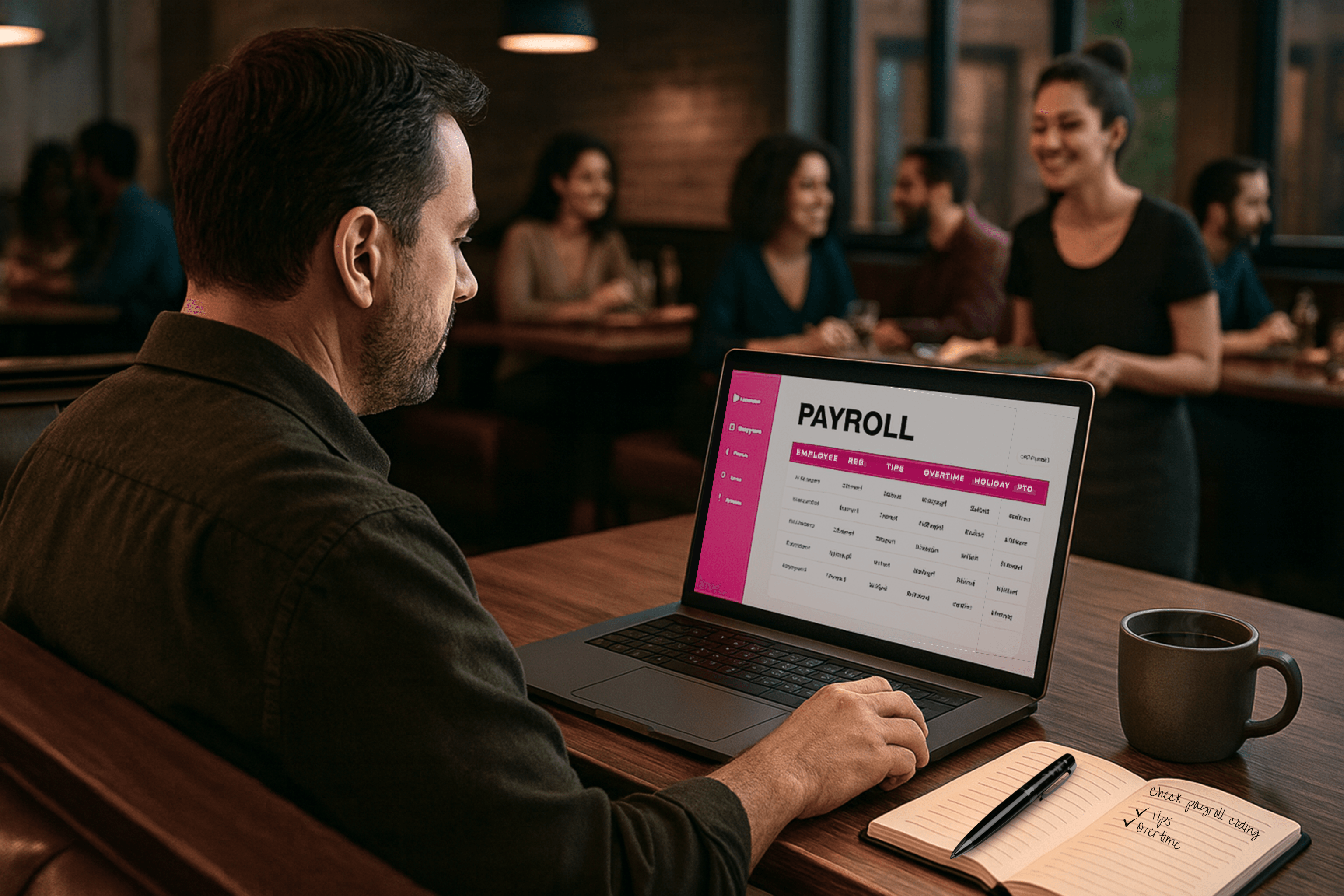 A man sits at a table in a restaurant, working on a laptop displaying a payroll spreadsheet with columns for Employee, Reg., Tips, Overtime, Holiday, and PTO. A notebook beside him has a checklist reading “check payroll coding,” “Tips,” and “Overtime,” with the last two items checked. A coffee mug sits next to the notebook, and cafe staff and customers converse in the background.