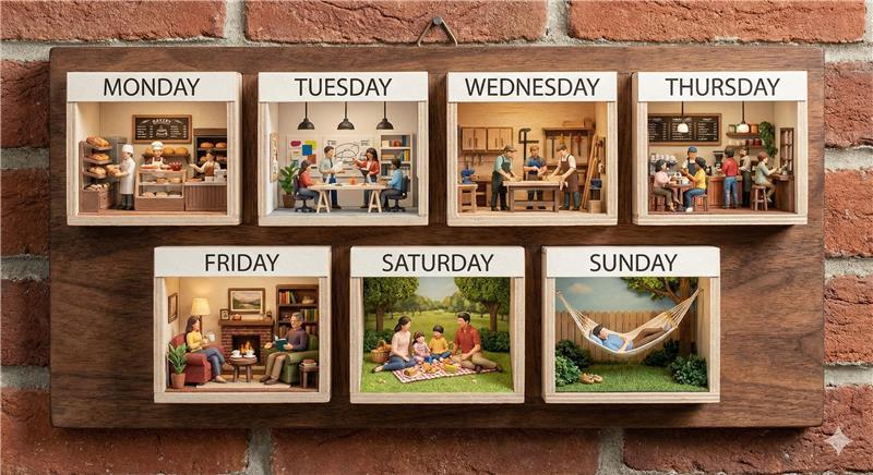 A wooden wall display showing miniature dioramas for each day of the week, with work scenes on Monday through Thursday and leisure activities from Friday through Sunday.