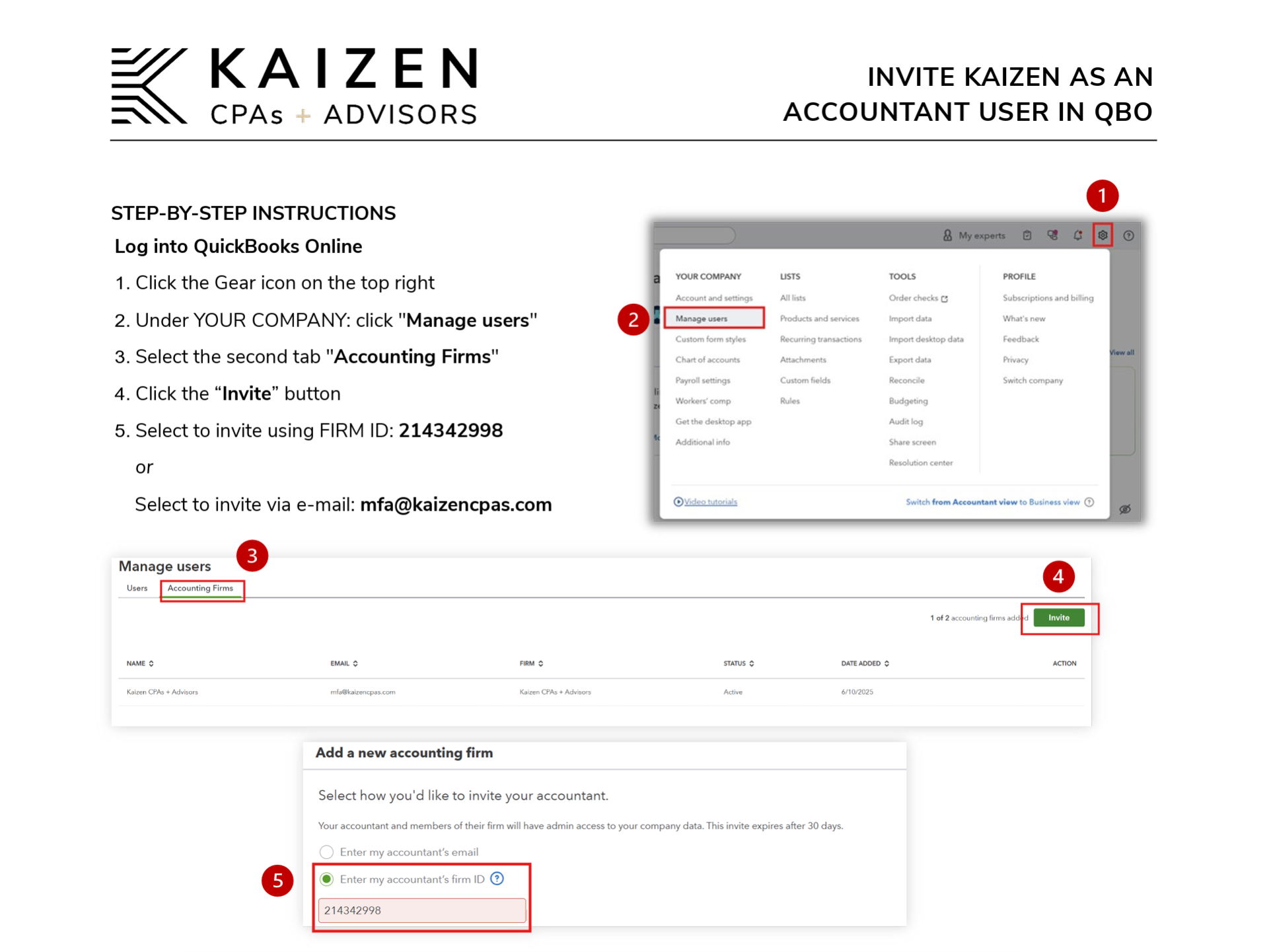 Invite Kaizen as an Accountant User in QBO