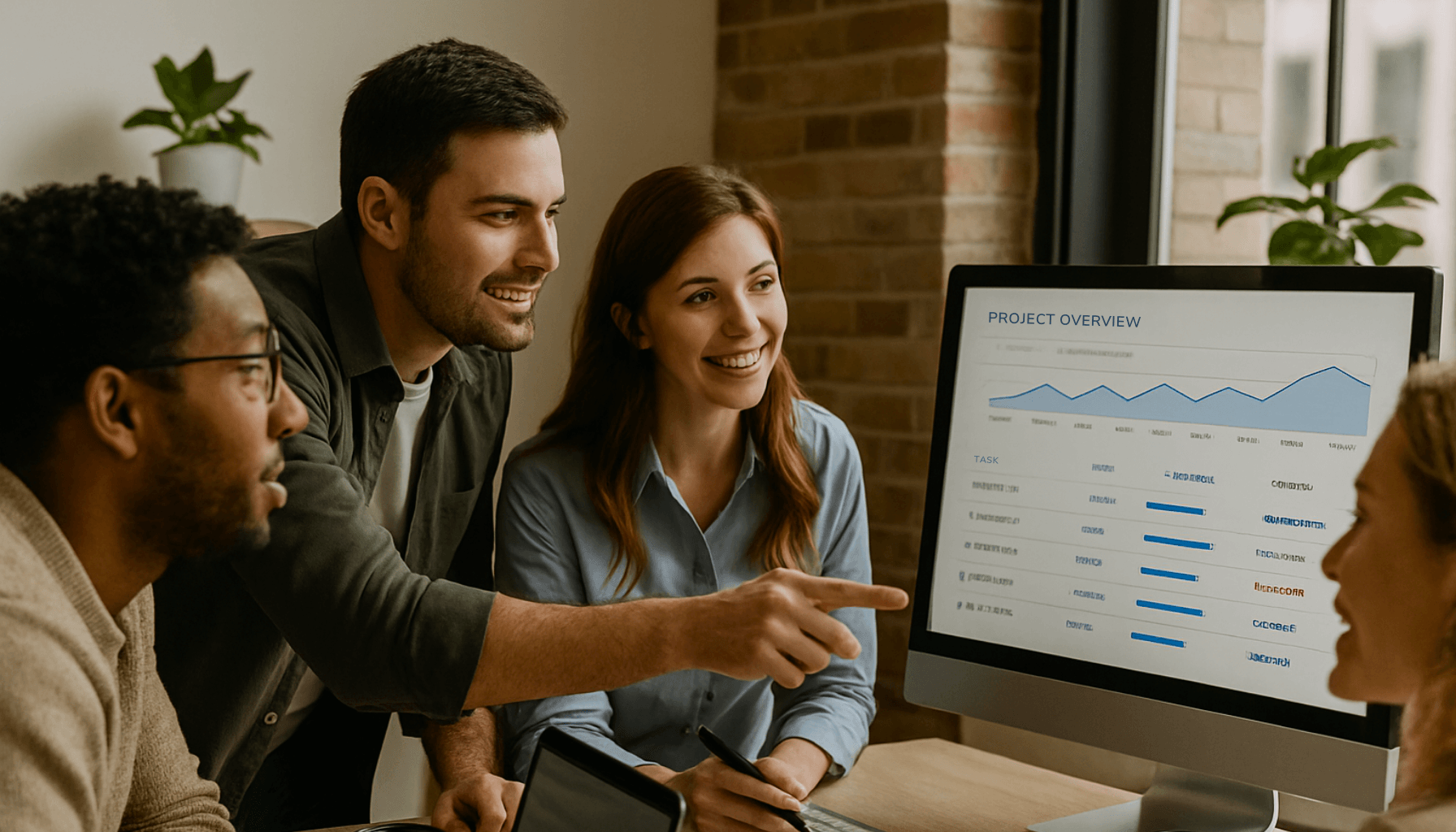 Small business team collaborates around a digital dashboard, using visible metrics and shared progress tracking to stay accountable—without micromanagement.
