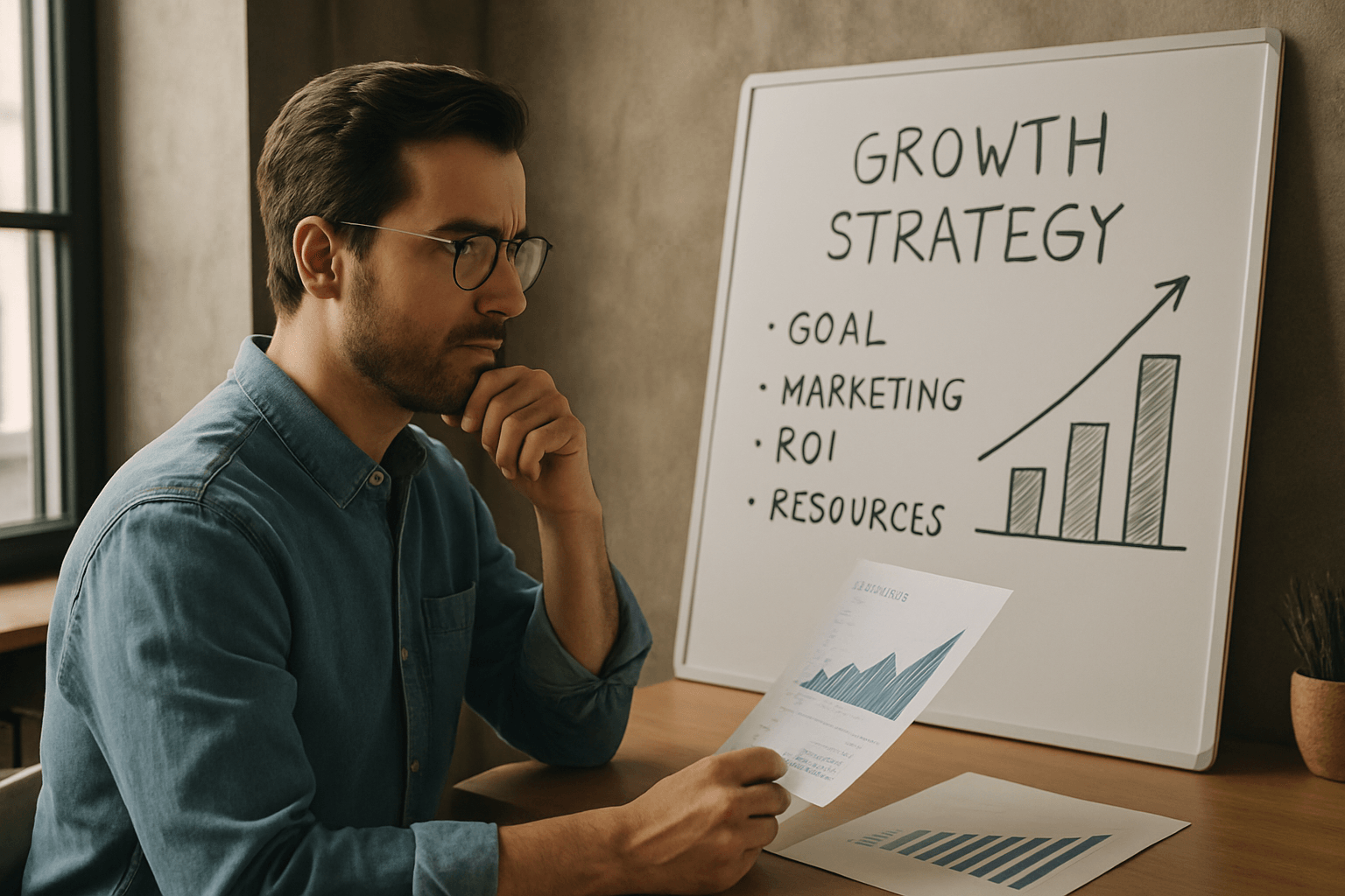A small business owner reviews a financial report while standing in front of a whiteboard filled with strategy notes, symbolizing intentional, sustainable growth planning.