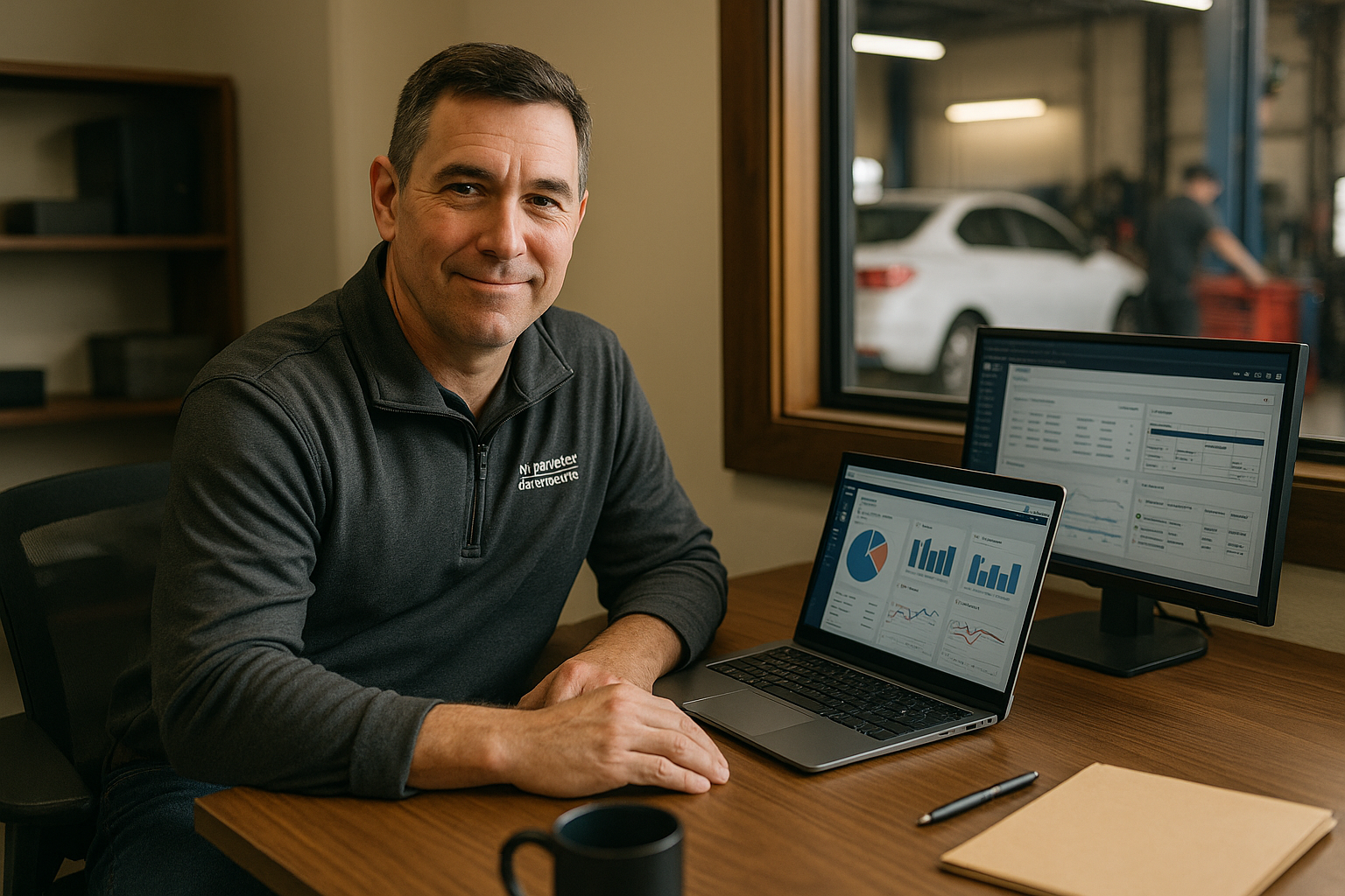 A middle-aged auto repair shop owner wearing jeans and a branded polo reviews KPI metrics on a laptop connected to a second monitor inside a modern repair bay.